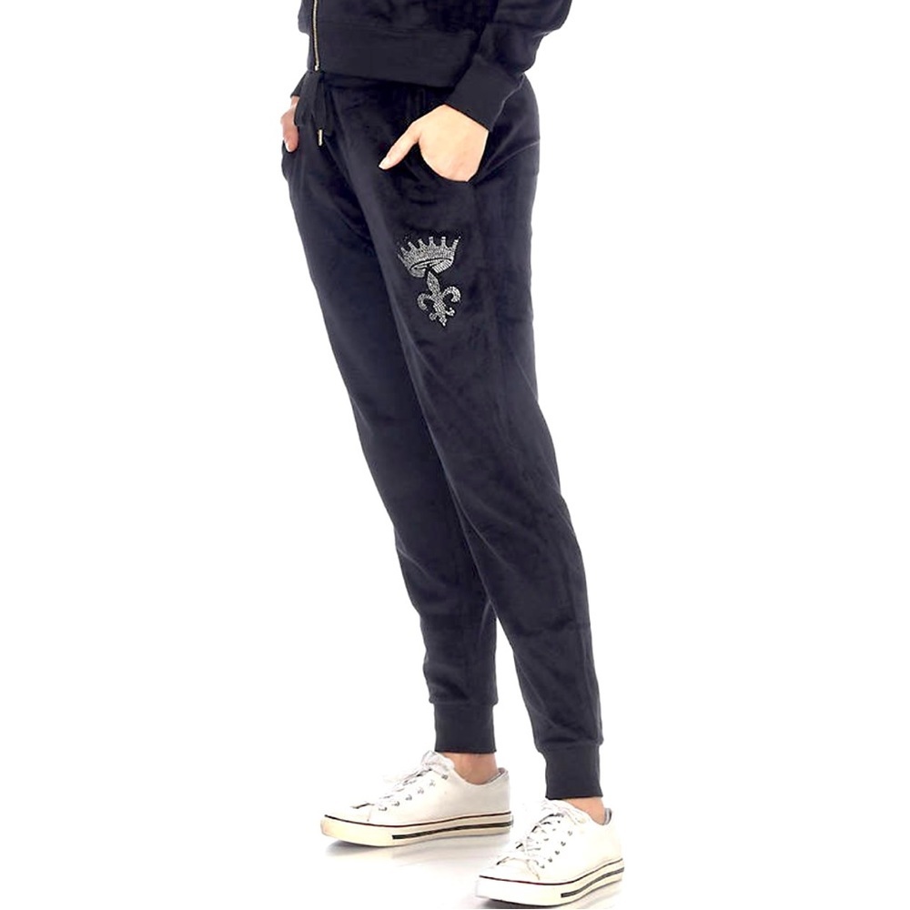 Soft Black Velour Joggers Rhinestone Embellished Elastic Drawstring Waist Size L